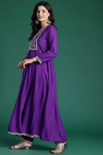 Embroidered Sequinned Kurta With Trousers & Dupatta