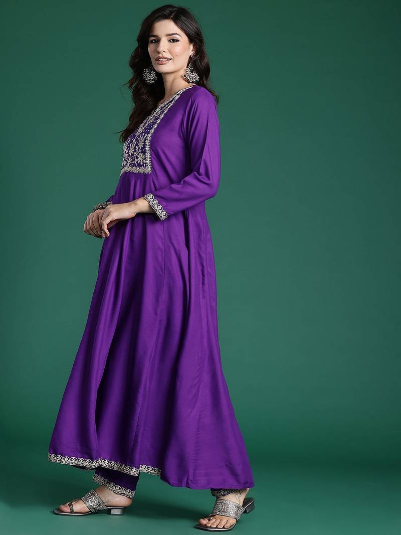 Embroidered Sequinned Kurta With Trousers & Dupatta