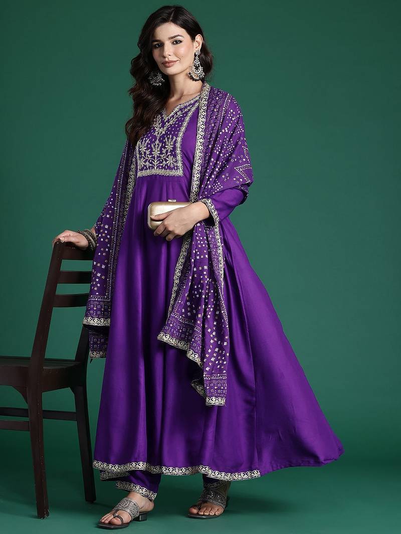 Embroidered Sequinned Kurta With Trousers & Dupatta