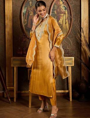 Floral Embroidered Round Neck Regular Liva Kurta With Trouser With Dupatta 1