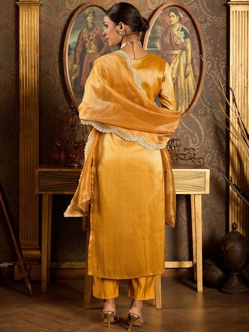 Floral Embroidered Round Neck Regular Liva Kurta With Trouser With Dupatta