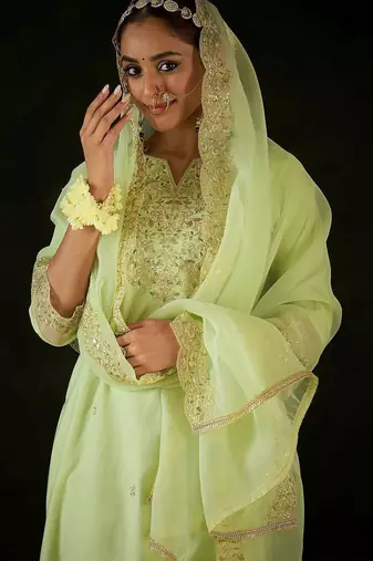 Floral Embroidered Notched Neck Liva Straight Kurta With Trousers & Dupatta