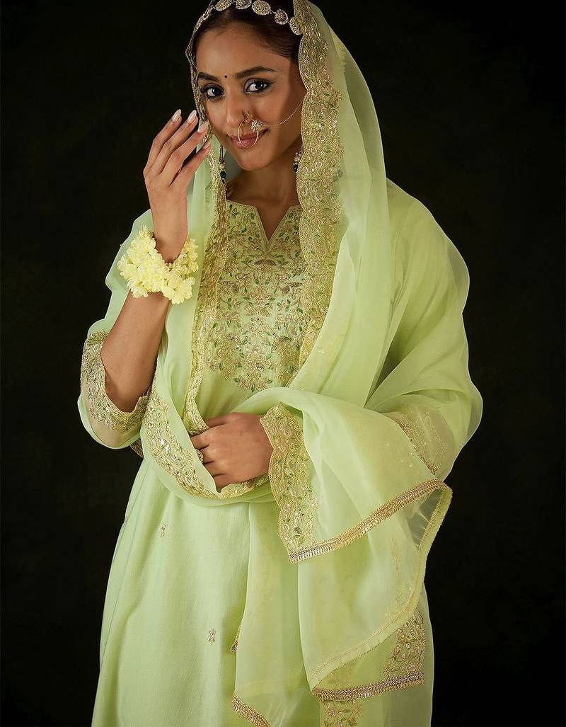 Floral Embroidered Notched Neck Liva Straight Kurta With Trousers & Dupatta