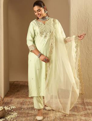 Floral Embroidered Notched Neck Liva Straight Kurta With Trousers & Dupatta 1