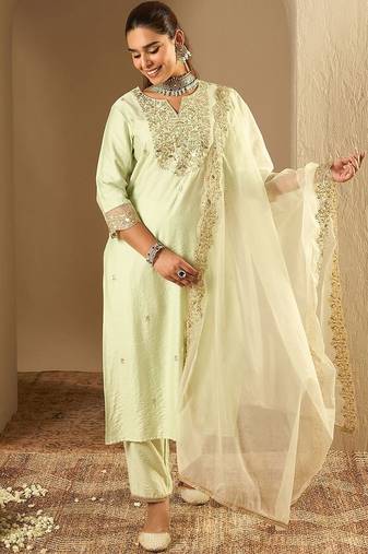 Floral Embroidered Notched Neck Liva Straight Kurta With Trousers & Dupatta