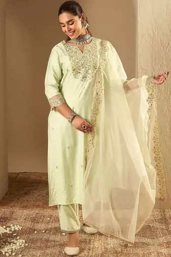Floral Embroidered Notched Neck Liva Straight Kurta With Trousers & Dupatta