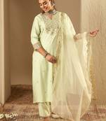 Floral Embroidered Notched Neck Liva Straight Kurta With Trousers & Dupatta