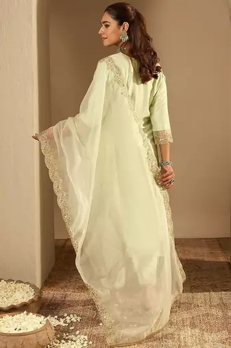 Floral Embroidered Notched Neck Liva Straight Kurta With Trousers & Dupatta