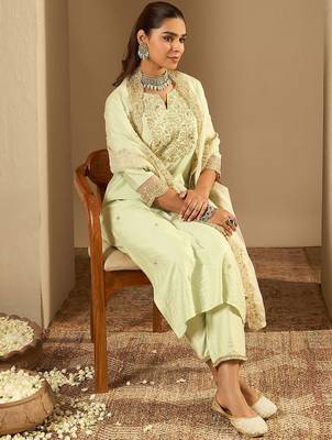 Floral Embroidered Notched Neck Liva Straight Kurta With Trousers & Dupatta 6