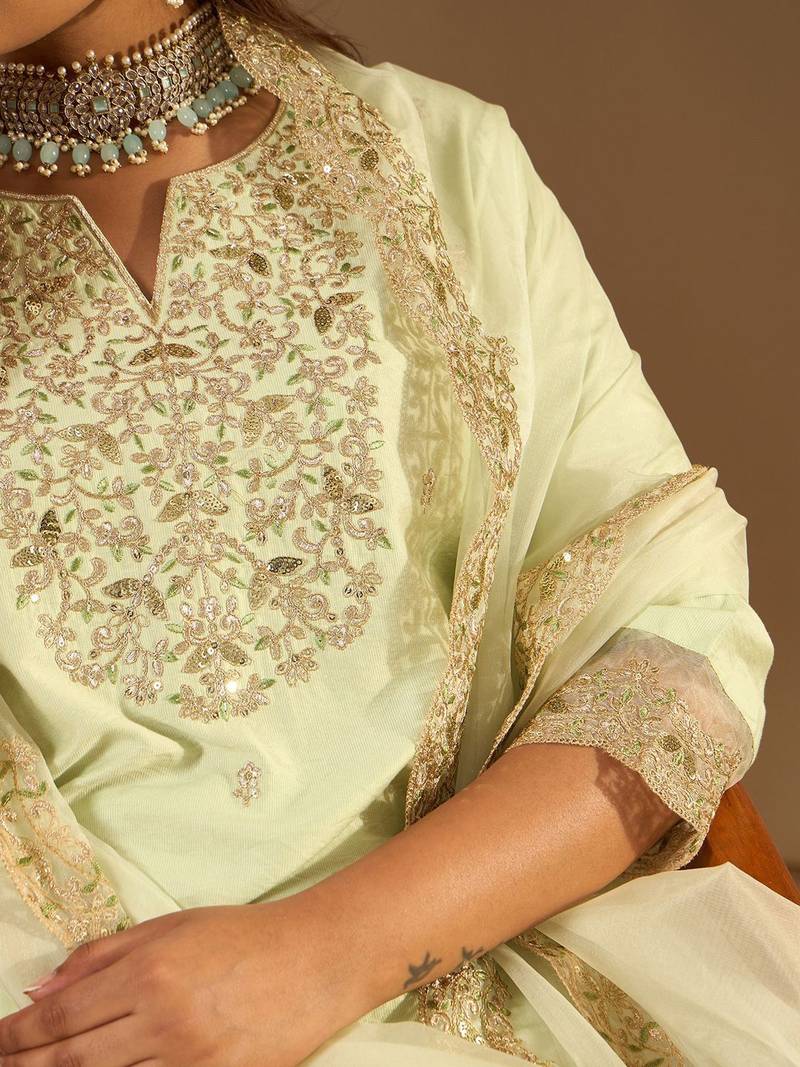 Floral Embroidered Notched Neck Liva Straight Kurta With Trousers & Dupatta