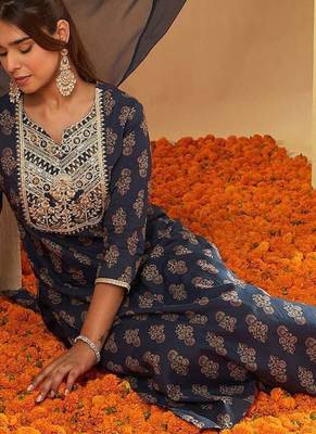 Ethnic Motifs Printed Sequinned Pure Cotton Kurta with Palazzos & Dupatta 1