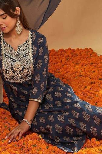 Ethnic Motifs Printed Sequinned Pure Cotton Kurta with Palazzos & Dupatta