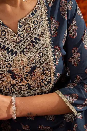 Ethnic Motifs Printed Sequinned Pure Cotton Kurta with Palazzos & Dupatta