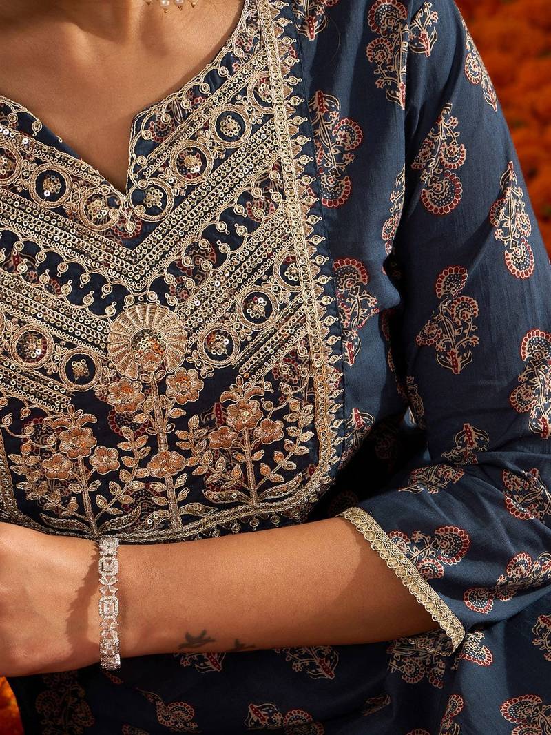 Ethnic Motifs Printed Sequinned Pure Cotton Kurta with Palazzos & Dupatta