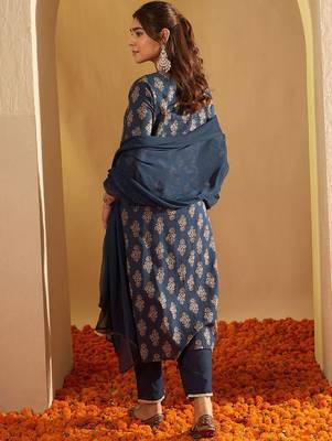 Ethnic Motifs Printed Sequinned Pure Cotton Kurta with Palazzos & Dupatta 5