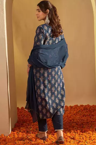 Ethnic Motifs Printed Sequinned Pure Cotton Kurta with Palazzos & Dupatta
