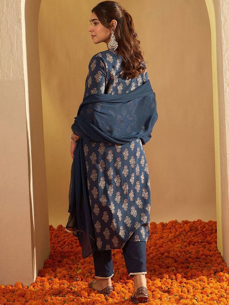 Ethnic Motifs Printed Sequinned Pure Cotton Kurta with Palazzos & Dupatta