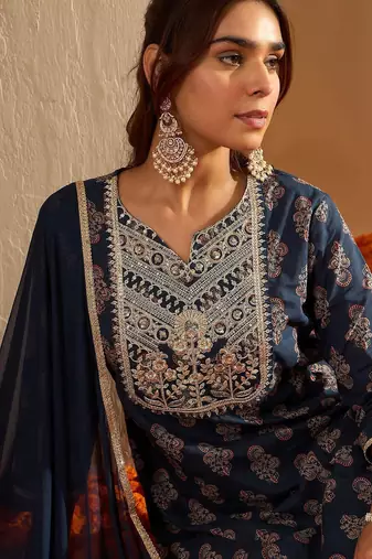 Ethnic Motifs Printed Sequinned Pure Cotton Kurta with Palazzos & Dupatta