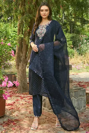 Round Neck Embroidered Thread Work Chanderi Silk Kurta with Trouser & Dupatta