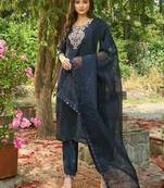 Round Neck Embroidered Thread Work Chanderi Silk Kurta with Trouser & Dupatta