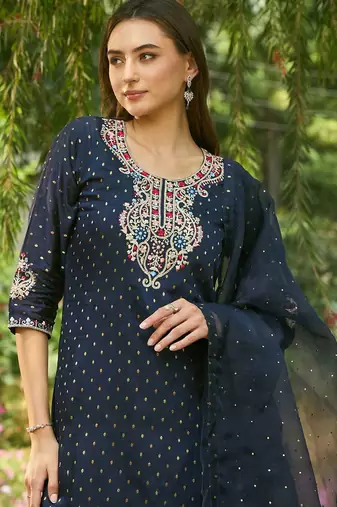 Round Neck Embroidered Thread Work Chanderi Silk Kurta with Trouser & Dupatta