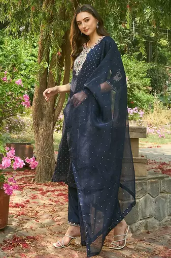 Round Neck Embroidered Thread Work Chanderi Silk Kurta with Trouser & Dupatta