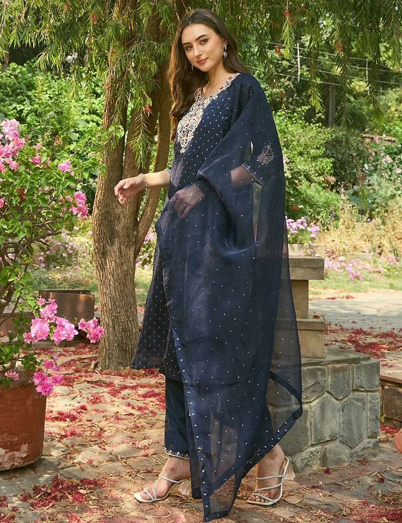 Round Neck Embroidered Thread Work Chanderi Silk Kurta with Trouser & Dupatta