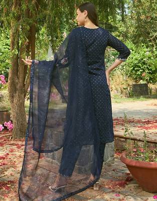 Round Neck Embroidered Thread Work Chanderi Silk Kurta with Trouser & Dupatta 5