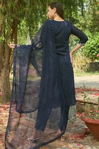 Round Neck Embroidered Thread Work Chanderi Silk Kurta with Trouser & Dupatta