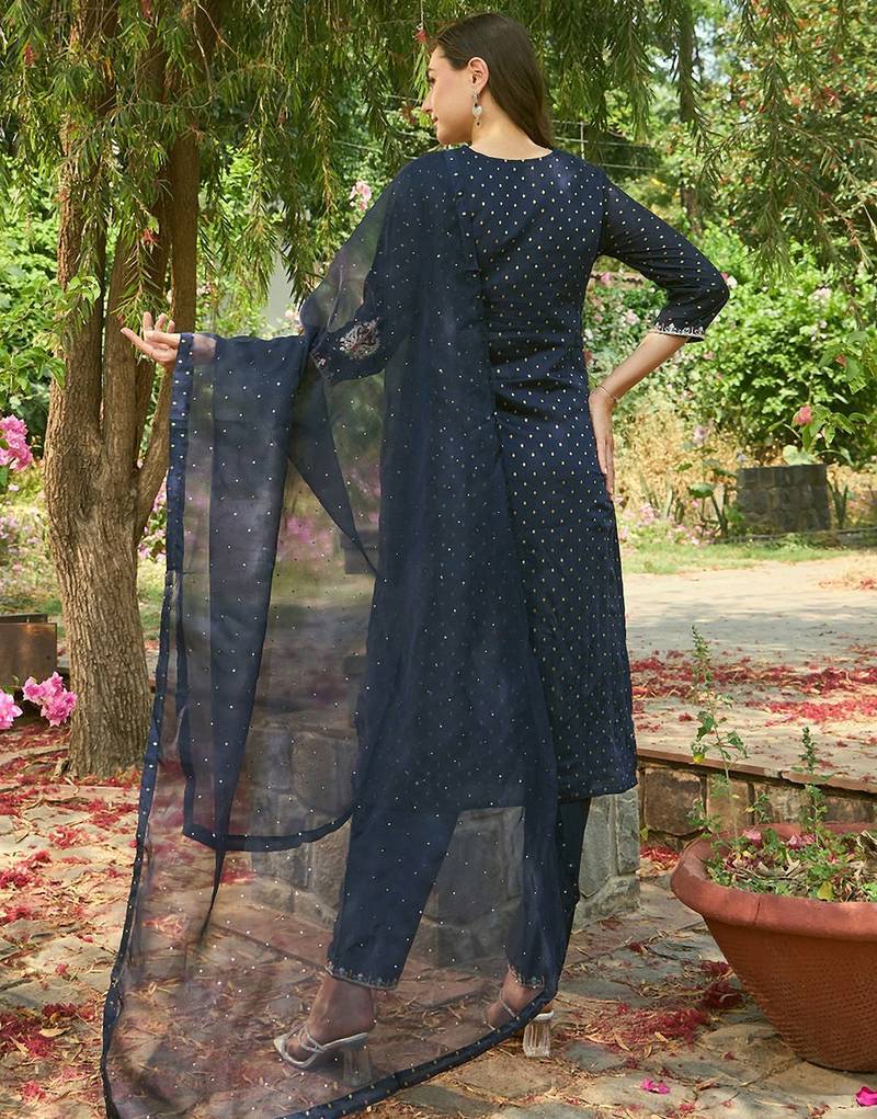 Round Neck Embroidered Thread Work Chanderi Silk Kurta with Trouser & Dupatta