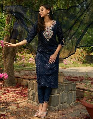 Round Neck Embroidered Thread Work Chanderi Silk Kurta with Trouser & Dupatta 6