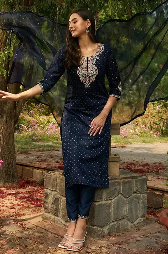 Round Neck Embroidered Thread Work Chanderi Silk Kurta with Trouser & Dupatta