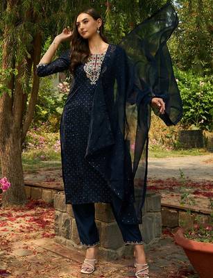 Round Neck Embroidered Thread Work Chanderi Silk Kurta with Trouser & Dupatta 7