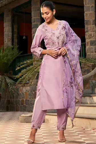 V Neck Ethnic Motifs Embroidered Regular Kurta with Trouser & Dupatta