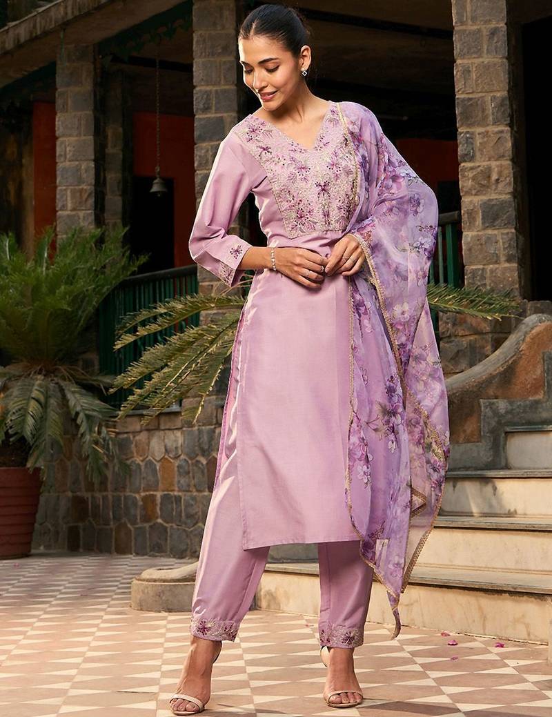 V Neck Ethnic Motifs Embroidered Regular Kurta with Trouser & Dupatta