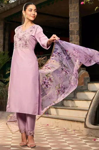 V Neck Ethnic Motifs Embroidered Regular Kurta with Trouser & Dupatta
