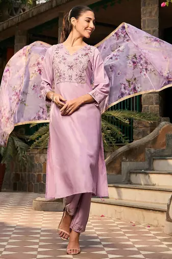 V Neck Ethnic Motifs Embroidered Regular Kurta with Trouser & Dupatta