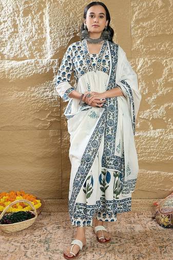 Women Printed Empire Pure Cotton Kurta with Trousers & With Dupatta