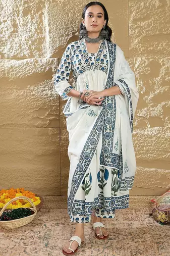 Women Printed Empire Pure Cotton Kurta with Trousers & With Dupatta