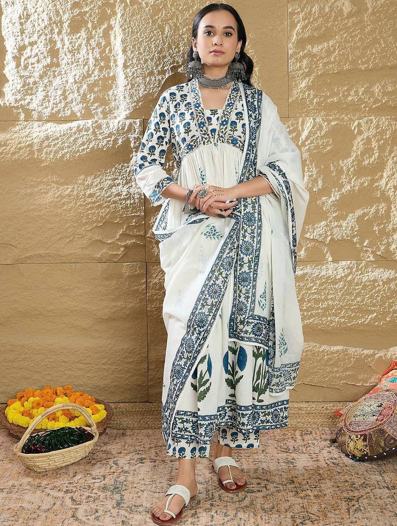 Women Printed Empire Pure Cotton Kurta with Trousers & With Dupatta