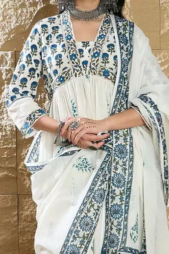 Women Printed Empire Pure Cotton Kurta with Trousers & With Dupatta