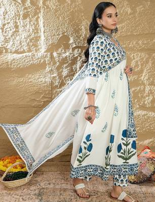 Women Printed Empire Pure Cotton Kurta with Trousers & With Dupatta 6