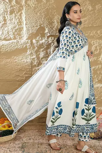 Women Printed Empire Pure Cotton Kurta with Trousers & With Dupatta