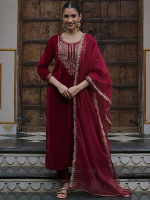 Women Ethnic Motifs Embroidered Regular Velvet Kurta with Trousers & With Dupatta 1