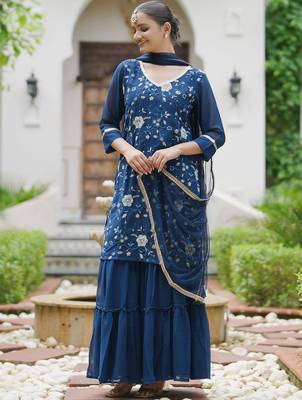 Women Floral Embroidered Regular Sequinned Kurta with Sharara With Dupatta 4