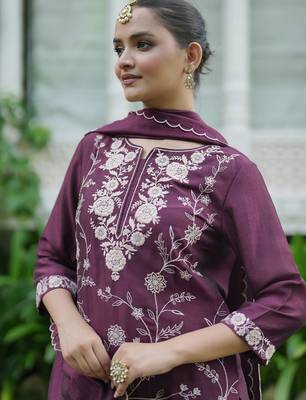 Women Floral Embroidered Regular Thread Work Kurta with Trousers With Dupatta 5