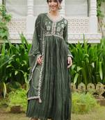 Floral Embroidered Pleated Kurta With Trousers & Dupatta