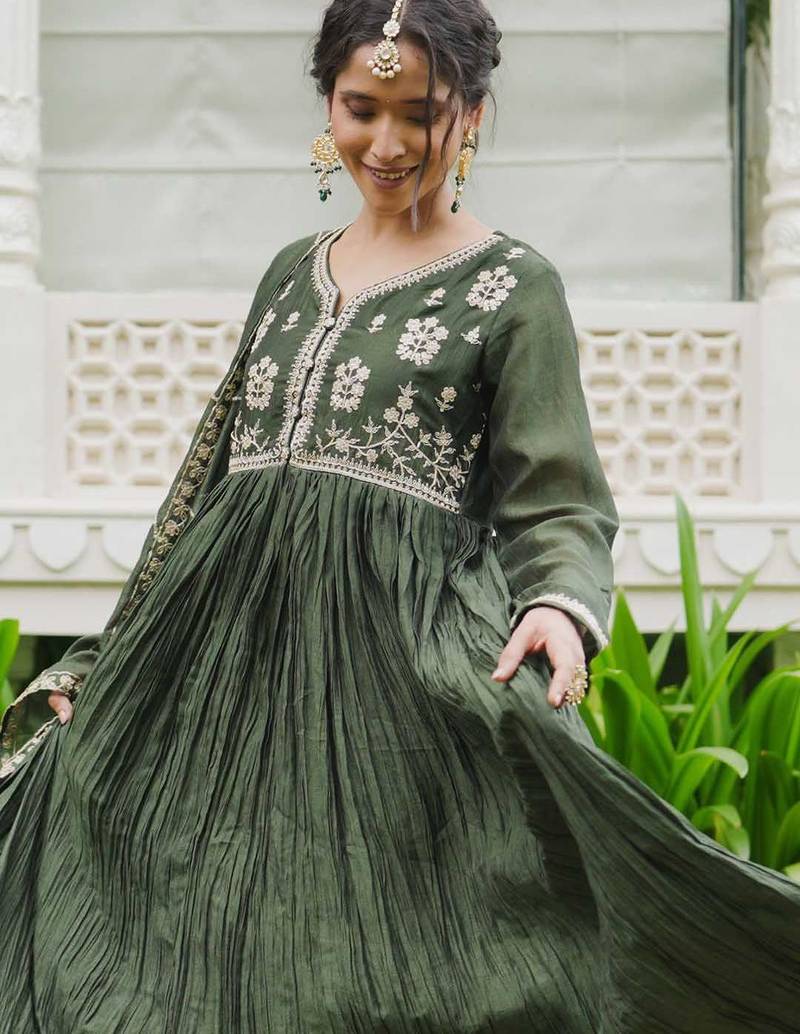 Floral Embroidered Pleated Kurta With Trousers & Dupatta