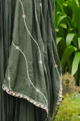 Floral Embroidered Pleated Kurta With Trousers & Dupatta