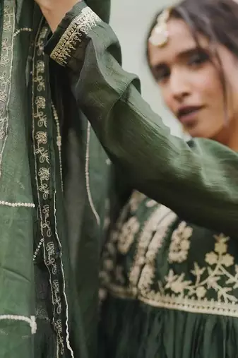 Floral Embroidered Pleated Kurta With Trousers & Dupatta